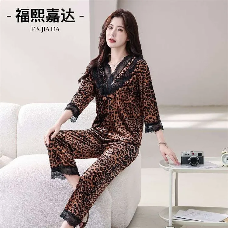 秋冬新款高档轻奢睡衣女套装蕾丝花边豹纹洋气宽松大码家居服女