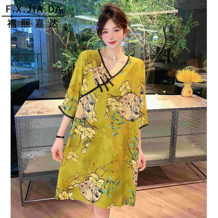 夏季新款新中式睡衣女v领七分袖大码气质宽松遮肚花色睡裙连衣裙