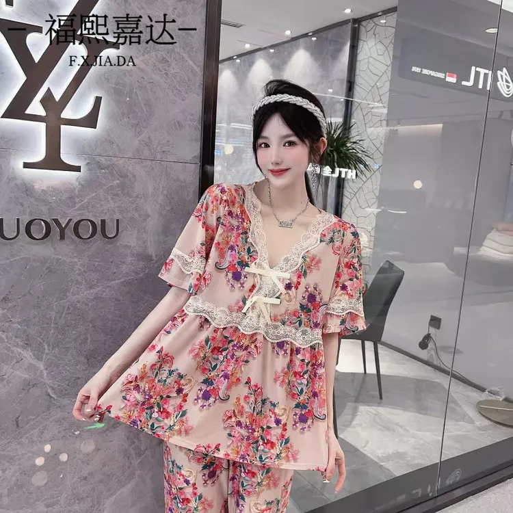 网红爆款睡衣女夏季新款V领蕾丝半袖九分裤碎花洋气家居服两件套