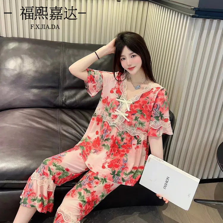 爆款家居服两件套v领舒适大码拼蕾丝洋气可外出夏季冰丝睡衣套装
