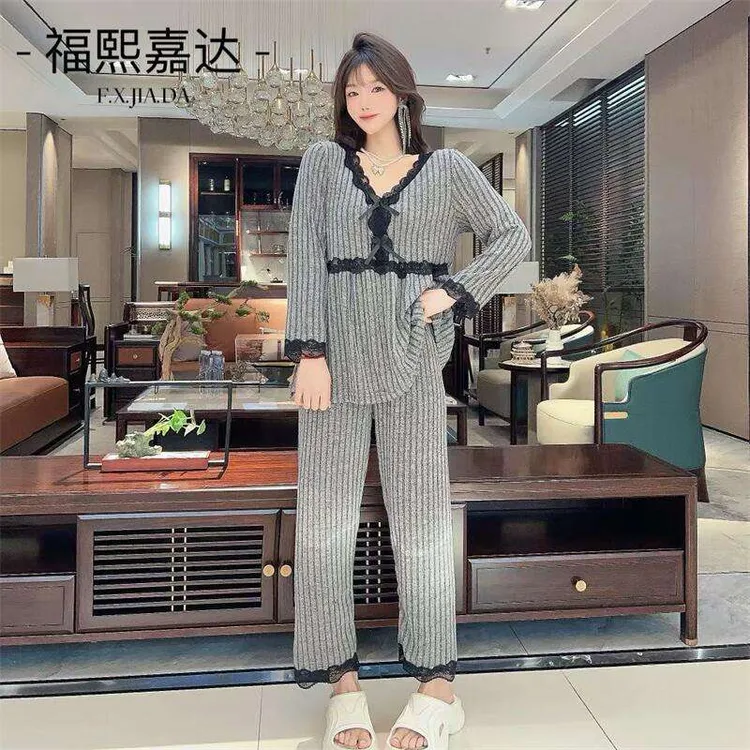 秋冬新款v领蕾丝花边洋气居家睡衣女套装宽松大码长袖可出两件套