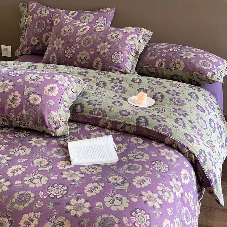 A类母婴级全棉色织双层纱提花四件套纽扣款双面美式纯棉床品床单4