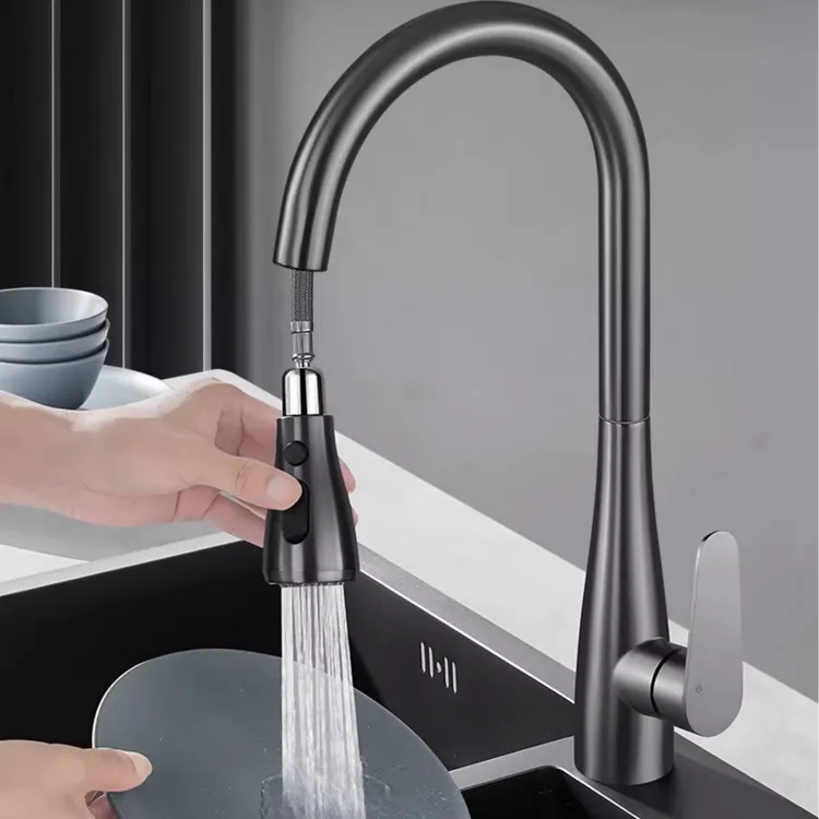 全铜家用厨房抽拉式水龙头伸缩洗菜盆专用水槽冷热两用360度旋转