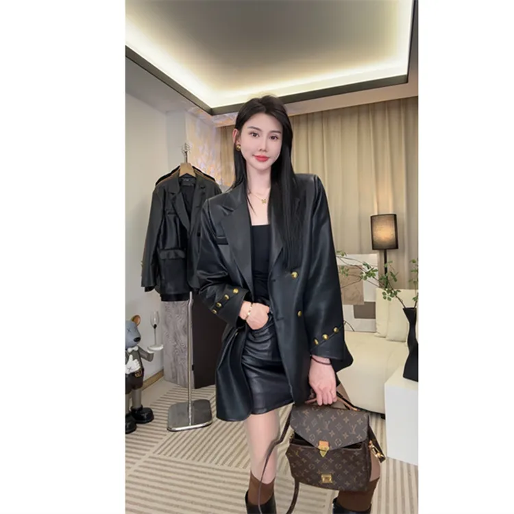 黑色西装皮衣外套女秋冬新款高级感宽松流行气质通勤上衣加棉加厚