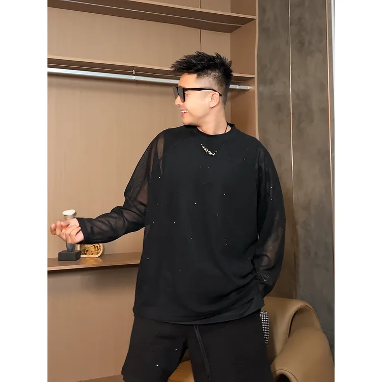 【语乐3店】58088-1钻网纱透气防晒T恤夏季休闲宽松百搭圆领长袖T恤