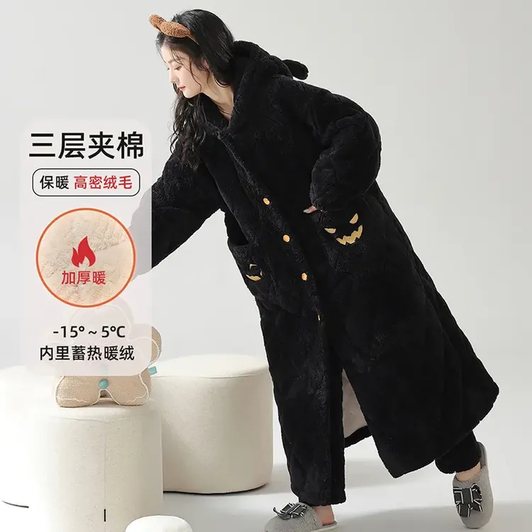 爆款睡衣女三层夹棉睡袍套装加厚珊瑚绒加厚保暖可外穿家居服