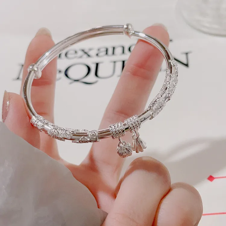 足银手镯 纯银手镯女9999足银手镯两世欢祥云银镯子银手饰 送女友