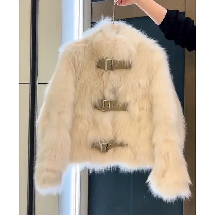 美拉德皮扣设计小香风毛外套冬季新款气质小个子毛毛外套女28699#