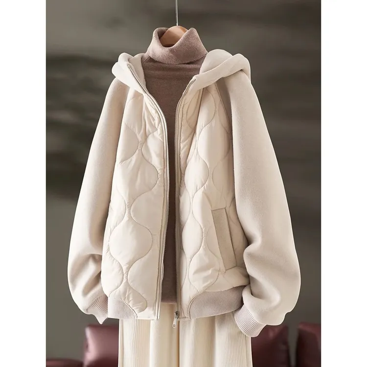 冬季连帽棉衣女2024新款羊羔毛拼接宽松显瘦保暖棉袄加厚夹棉外套