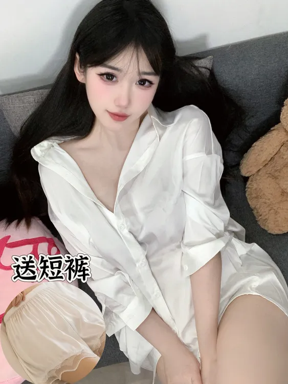 冰丝睡衣女夏季男友风2024爆款丝滑缎面性感白色衬衫纯欲夏季大码