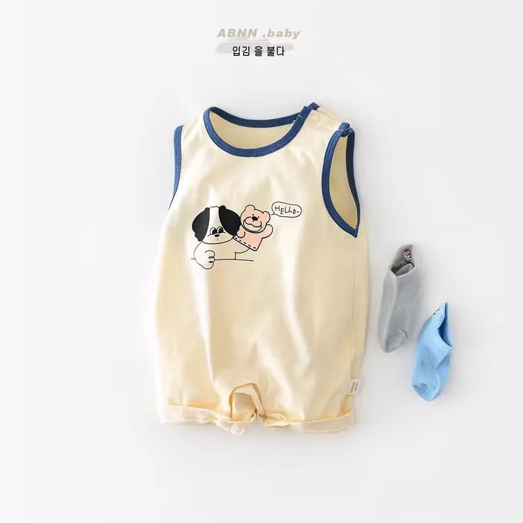 婴儿新生儿夏装连体衣新生宝宝满月百天超萌可爱哈衣夏季无袖爬服