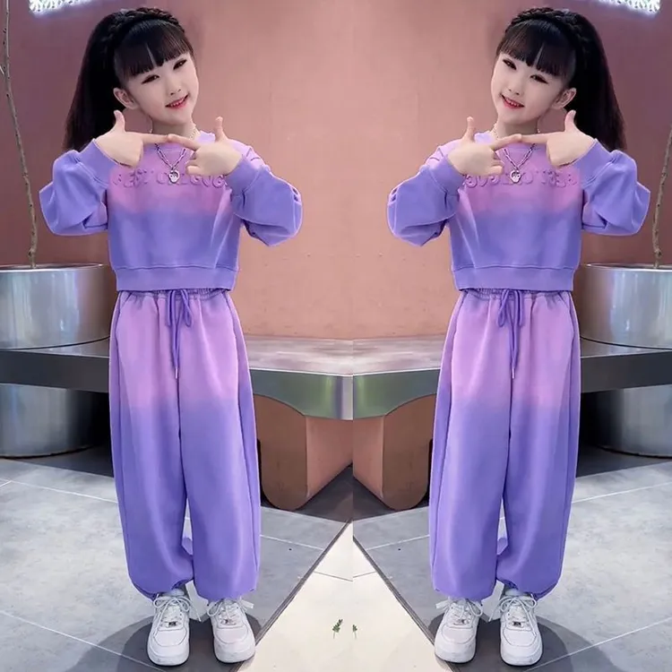 女童春秋渐变色扎染卫衣洋气新款运动两件套中大童加绒加厚小洋装