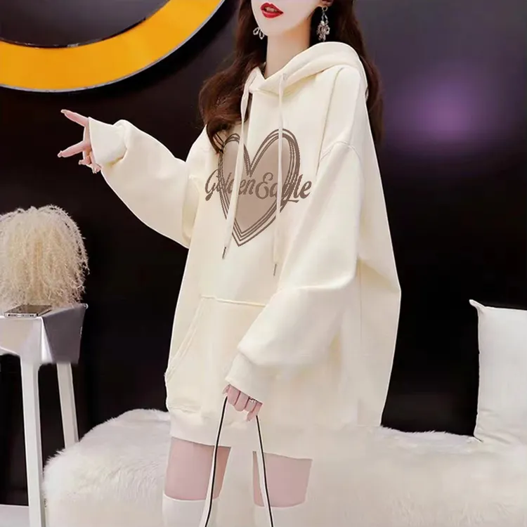 加绒加厚连帽卫衣女秋冬爆款宽松慵懒风胖mm显瘦遮臀大码外套