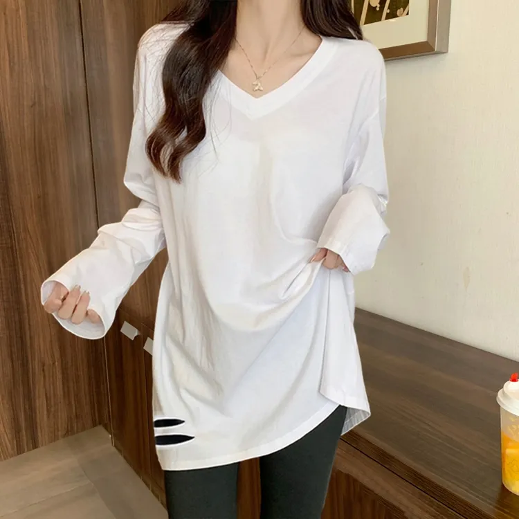 白色打底衫女内搭卫衣叠穿2025新款春秋中长款v领长袖上衣宽松t恤