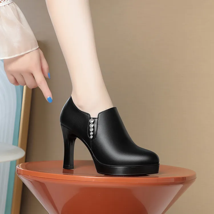 春秋新款不累脚高跟鞋女软皮软底中年女士皮鞋粗跟厚底深口单鞋女