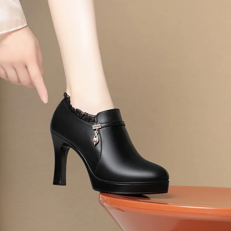不累脚高跟鞋春秋款深口单鞋中年女士皮鞋粗跟厚底黑色职业工作鞋