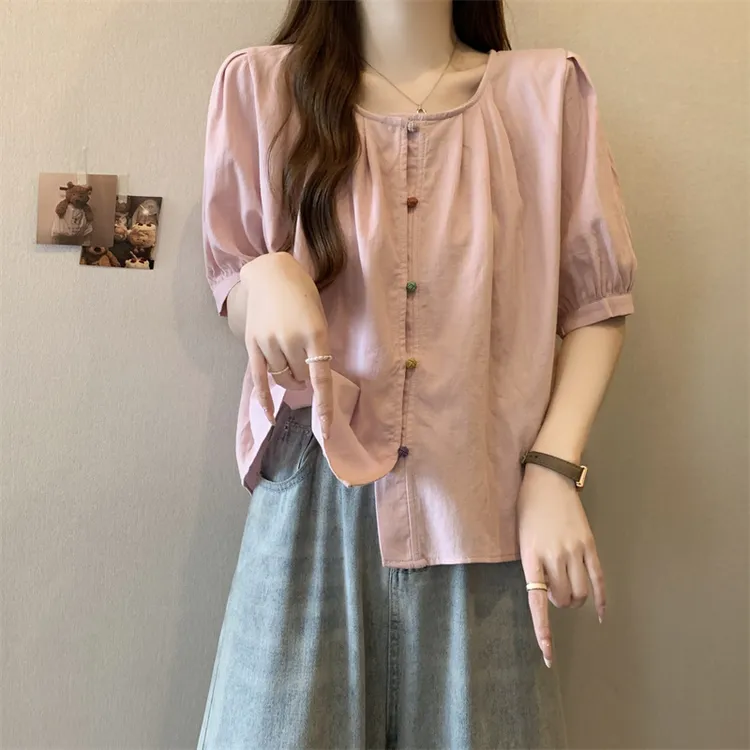 减龄彩色扣粉色短袖衬衫女夏大码胖mm今年流行遮肚小衫娃娃衫上衣