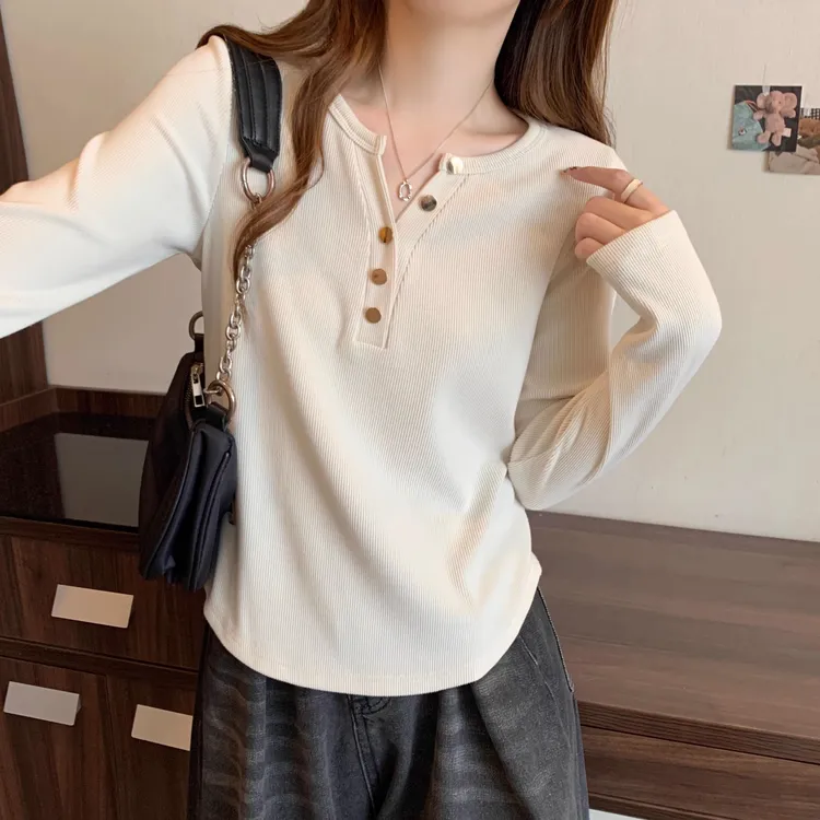 T恤女正肩显瘦春秋款胖妹妹大码女装半开领长袖上衣遮肚子打底衫