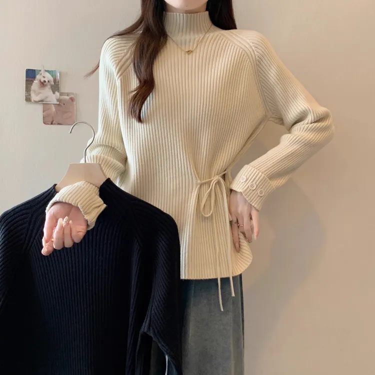 半高领插肩袖正肩针织衫毛衣女2024冬大码胖mm内搭打底衫收腰上衣