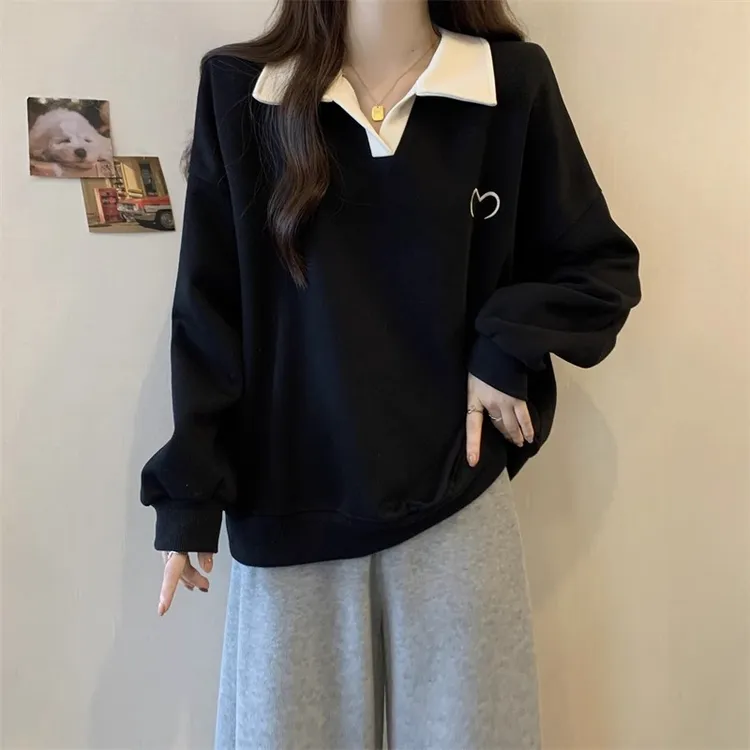 黑色Polo领正肩V领长袖加绒卫衣女春秋新款大码胖mm宽松显瘦上衣