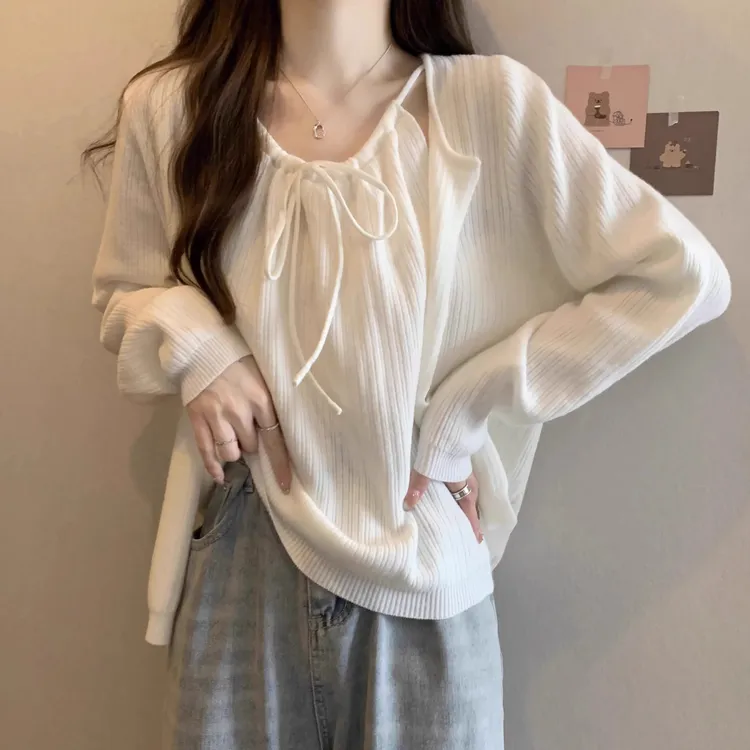 大码秋装新款温柔系带吊带背心套装女胖MM气质百搭开衫上衣两件套