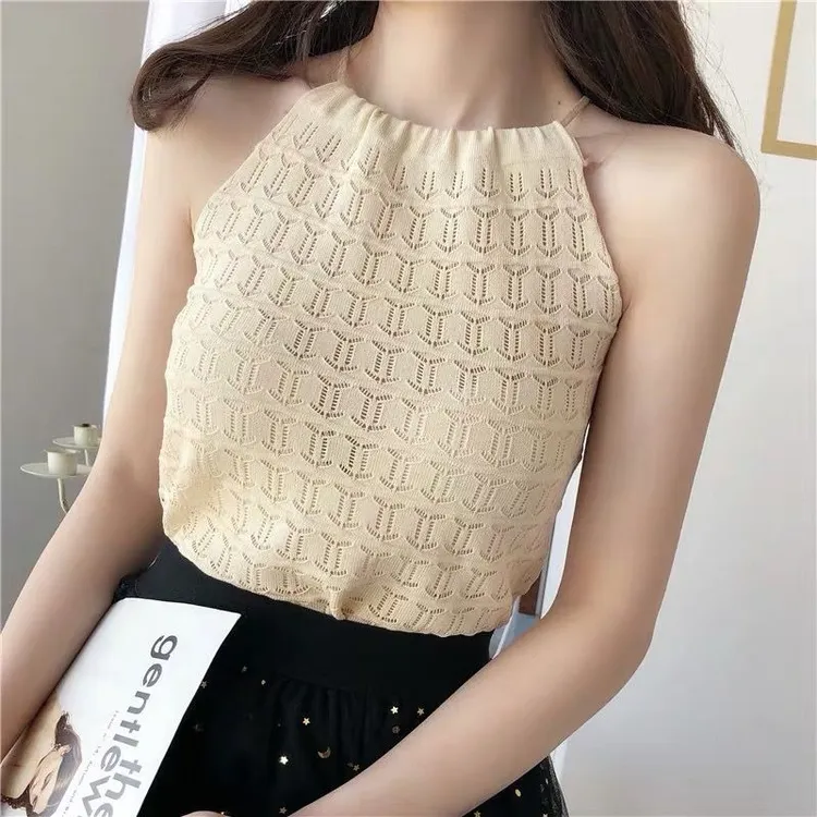 7118性感挂脖上衣女夏外穿韩版小清新针织吊带背心无袖心机打底衫