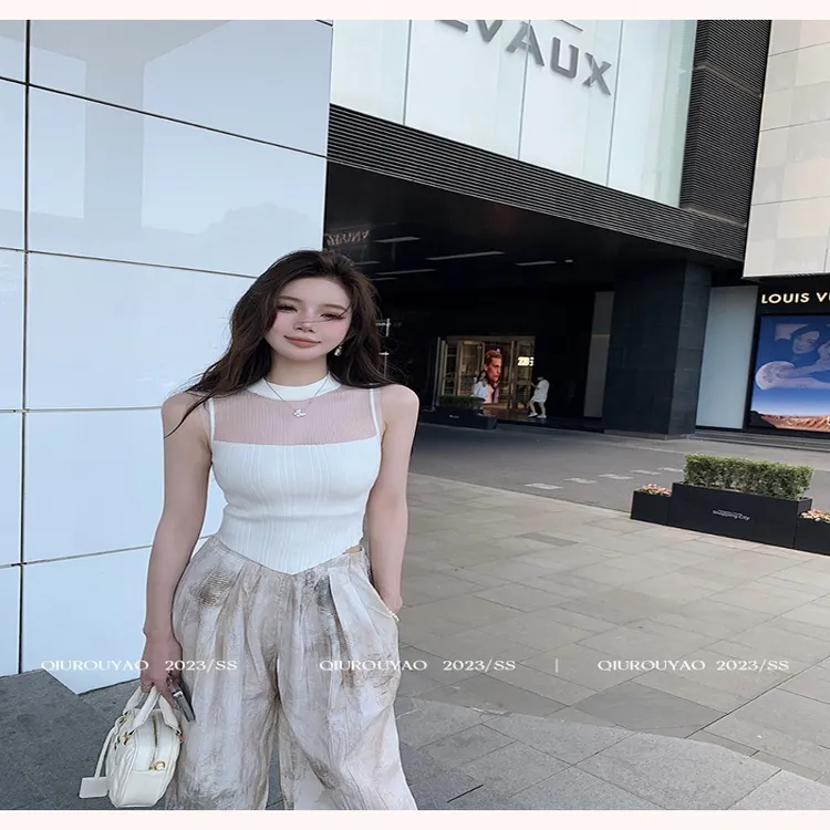 2025夏季新款辣妹挂脖吊带背心女无袖外穿针织甜辣小上衣7057