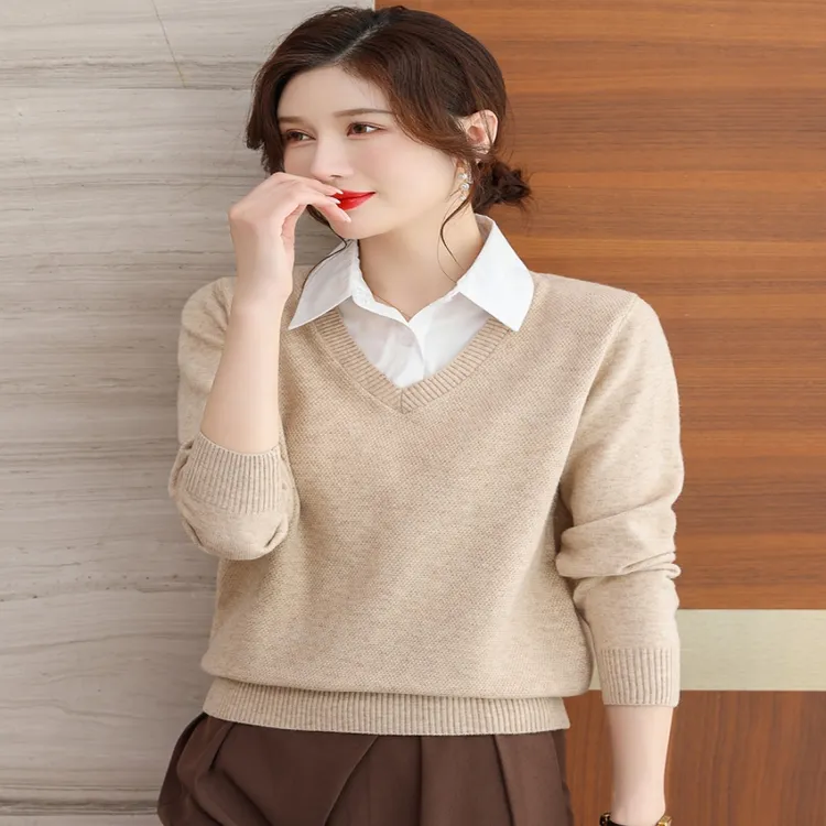 5571#衬衣领女士毛衣春秋季新款针织打底假两件针织衫上衣