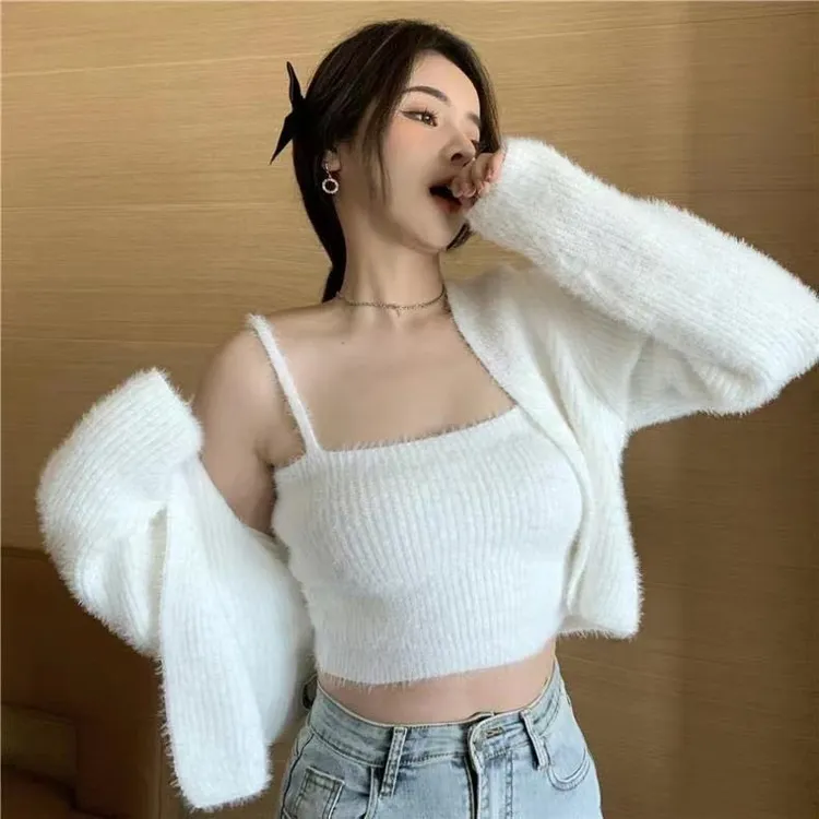 5518#韩国东大门软糯针织开衫两件套春秋季毛绒短款吊带背心套装