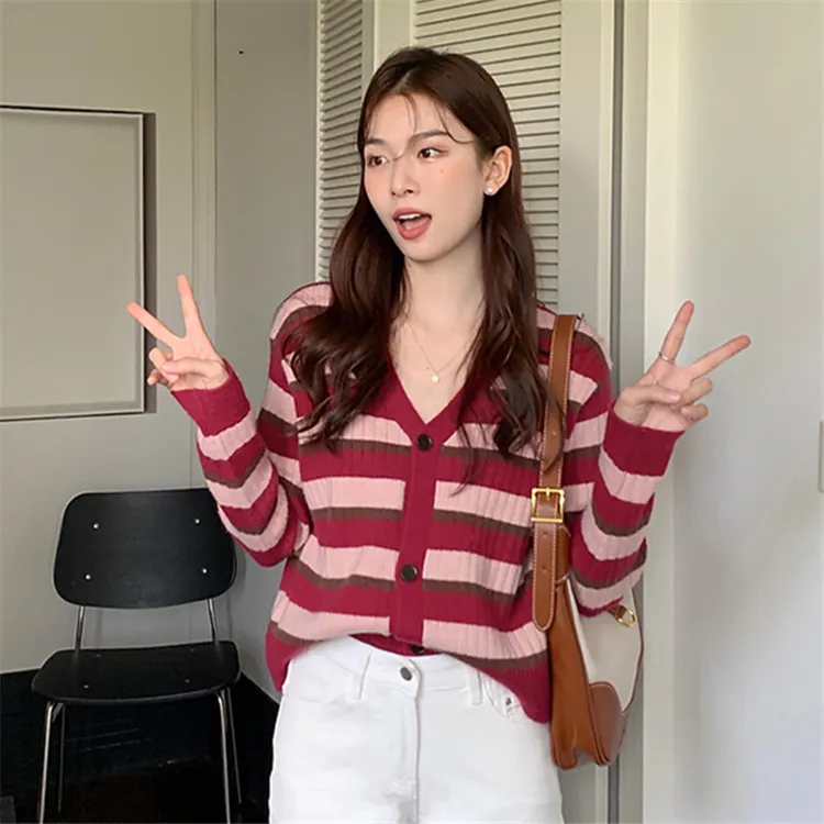 欧若风#复古条纹针织上衣温柔风韩系百搭气质v领毛衣开衫短款女