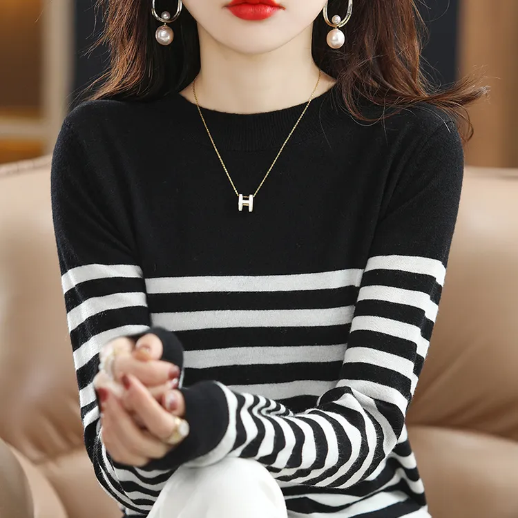 慵懒风女装针织衫秋装韩版针织打底T恤时尚圆领条纹显瘦老钱风