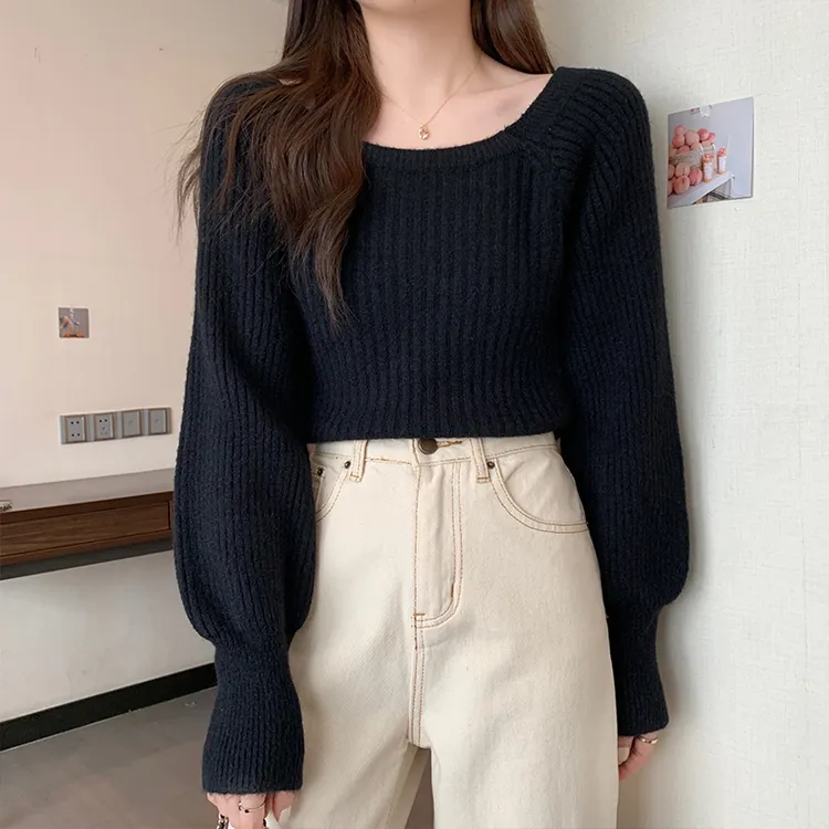 4940#秋冬季复古慵懒风方领上毛衣女短款修身长袖针织打底上衣