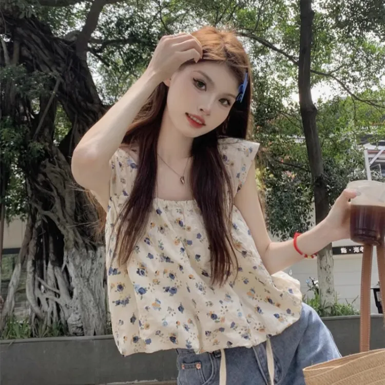 2025新款无袖短款方领重工刺绣碎花背心上衣女遮肉显瘦外穿上衣