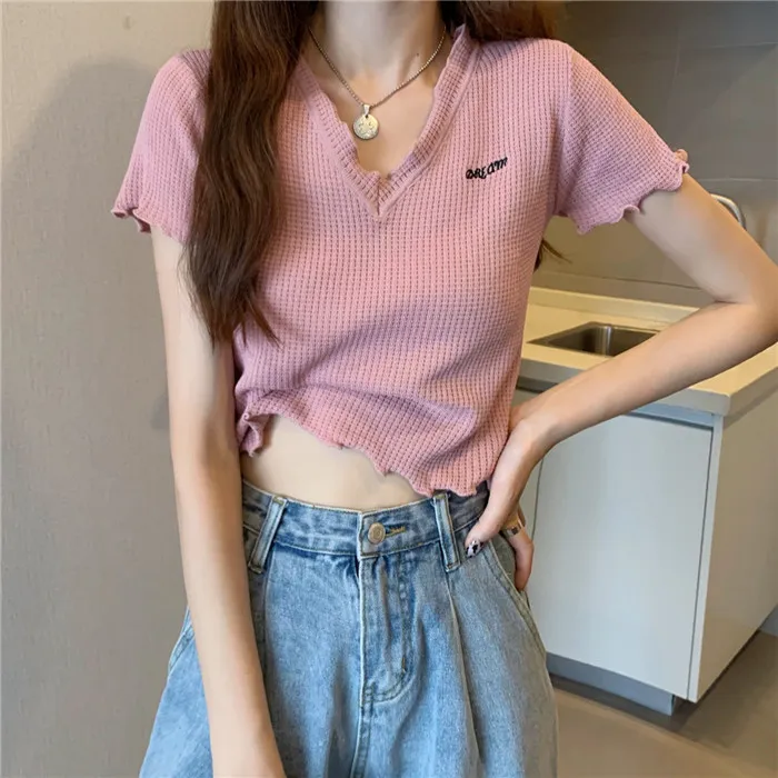 3829#针织短袖上衣夏季新款韩版女装设计感小众修身百搭短款T恤