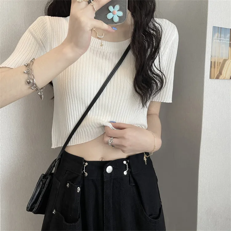 2025夏季薄款针织短袖t恤女新款性感时尚洋气高腰露脐上衣女装