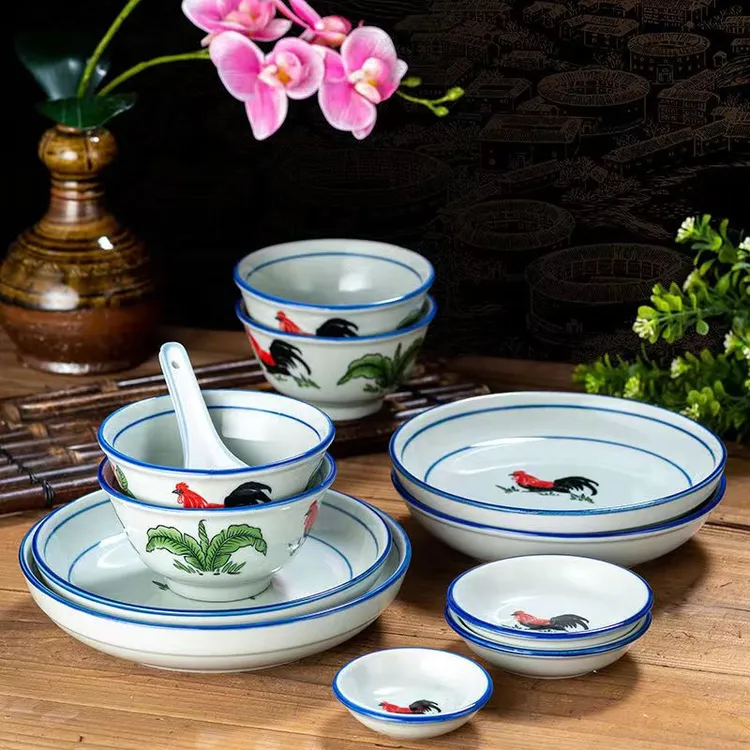 汤碗复古青花瓷鸡公碗陶瓷米饭碗手绘商用碗餐具中式高颜值家用