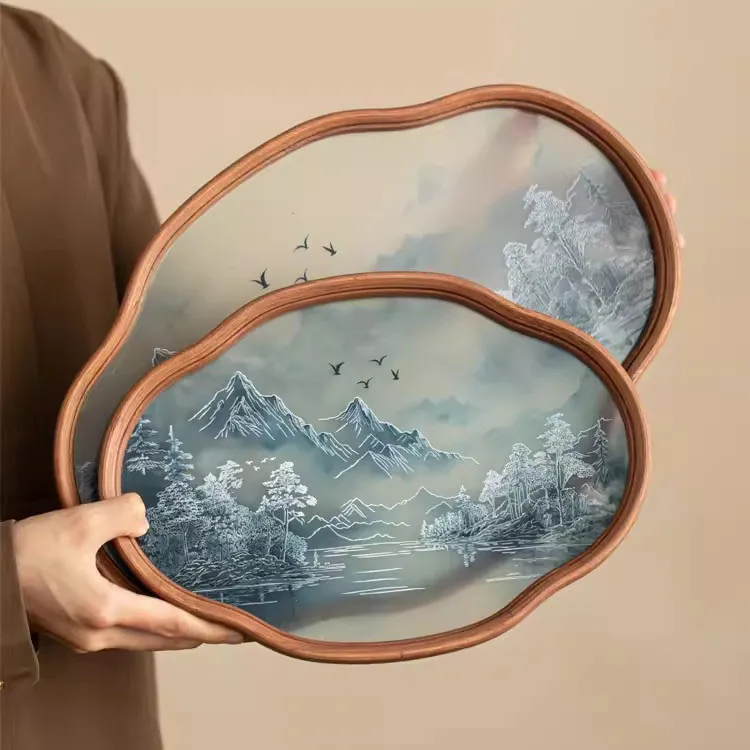 匠赋山水玻璃托盘复古竹制干泡茶盘水果点心盘功夫茶具茶杯收纳盘