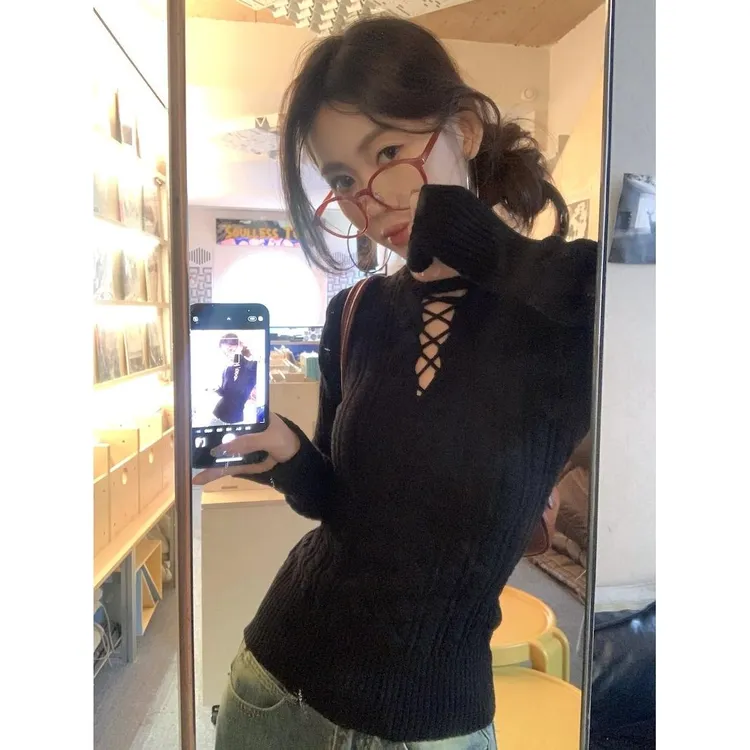 复古设计感收腰显瘦打底毛衣女修身内搭针织上衣冬修身毛衣