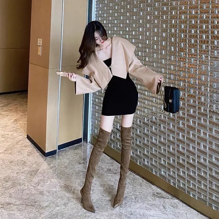 尖头高跟长靴女2024年秋冬新款黑色绒面弹力瘦瘦靴过膝细跟弹力靴