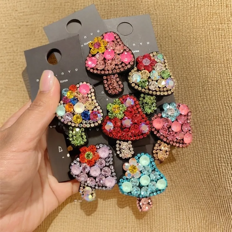 施家彩钻女童甜美发夹小蘑菇闪闪水钻满钻边夹卡通女生bb刘海发夹