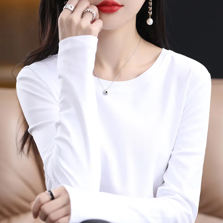 丝光棉白t长袖T恤女春夏薄款圆领打底衫简约新疆棉正肩体恤衫女装