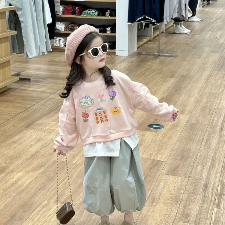 【粉红蛋糕】25童装初秋卡通印花春装幼儿园假两件卫衣女童女童春装