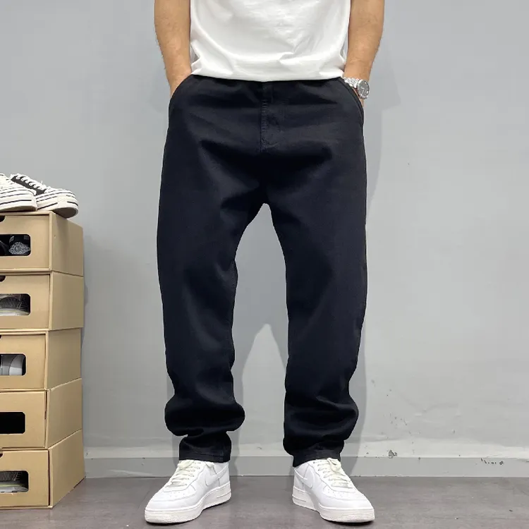 春秋基础百搭黑色牛仔裤男宽松微锥小直筒长裤欧美简约潮流黑裤子