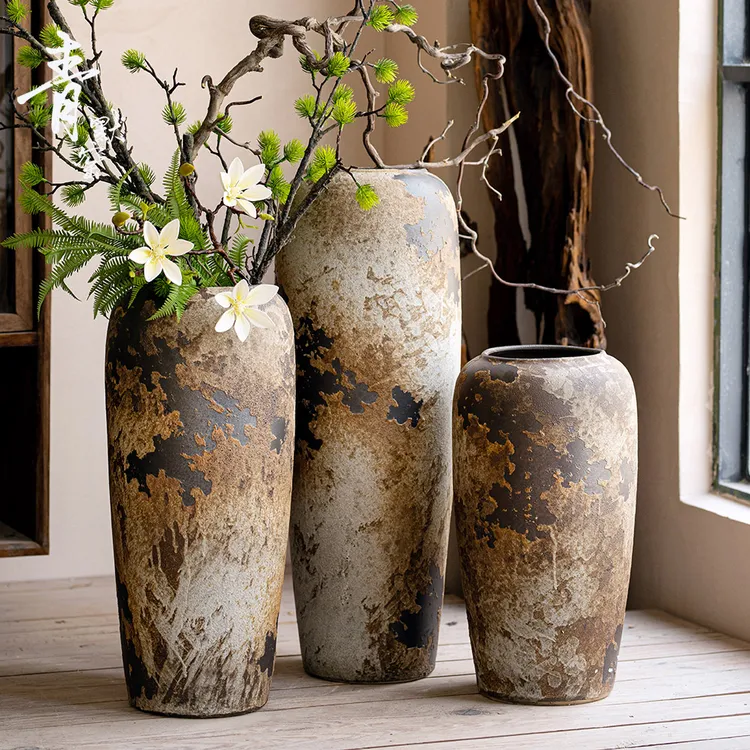 落地大花瓶新中式复古侘寂粗陶罐客厅酒店陶瓷装饰品干花器曼云瓶