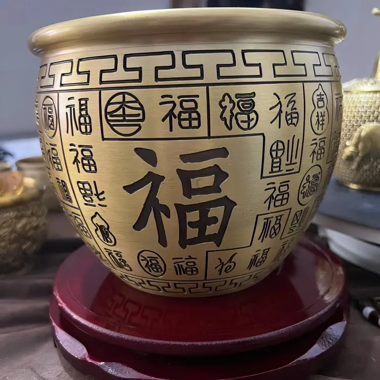 铜制特大号百福缸聚宝缸铜摆件口径17.5高14.5