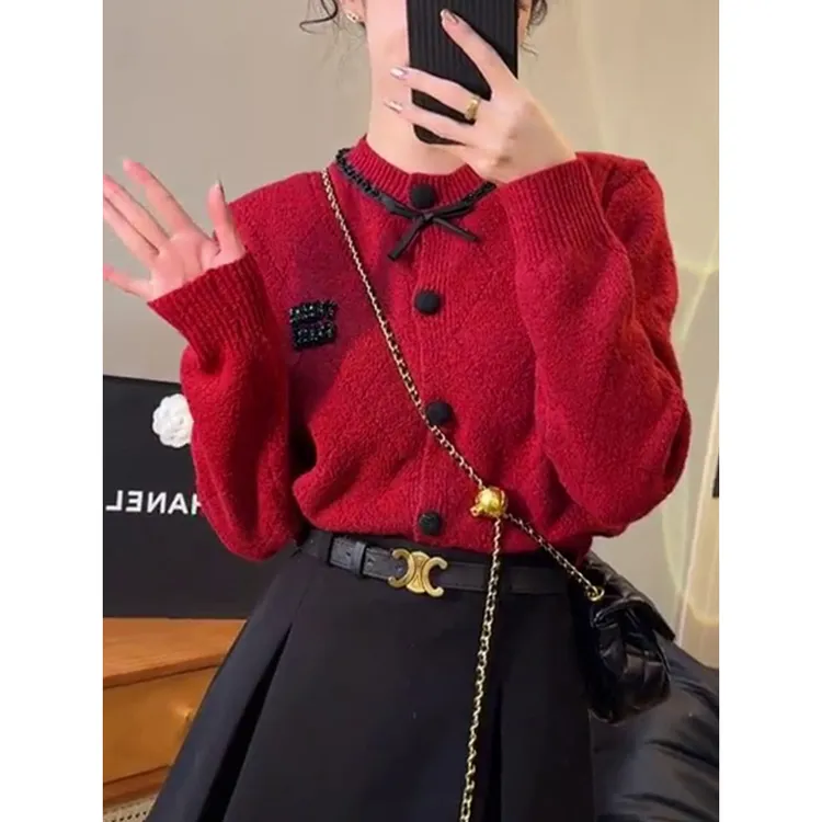 重工镶钻针织衫女新年红色小香风毛衣外套秋冬新款长袖蝴蝶结上衣