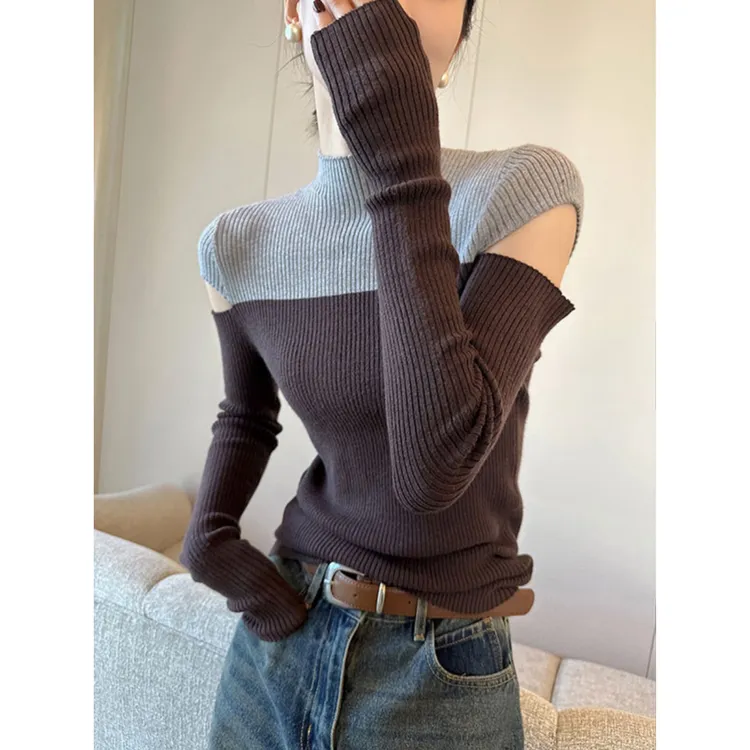 拼色半高领露肩针织衫女秋冬季2024新款设计感小众毛衣打底衫内搭