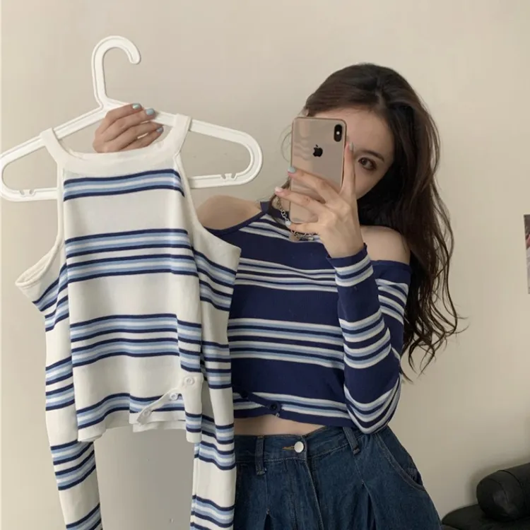 网红长袖t恤女早秋季设计感小众别致条纹露肩针织打底衫上衣ins潮