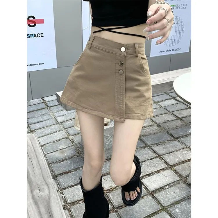 不规则牛仔裙裤洋气排扣设计复古A字辣妹高腰裙性感包臀半身裙女