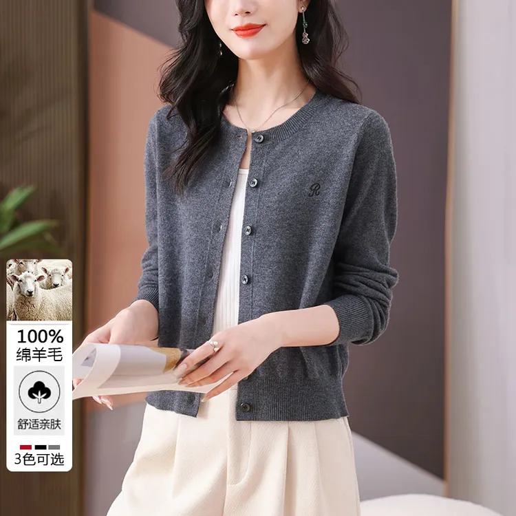 100%羊毛衫针织衫毛衣开衫女2025秋冬新款绣花短款圆领外套女士